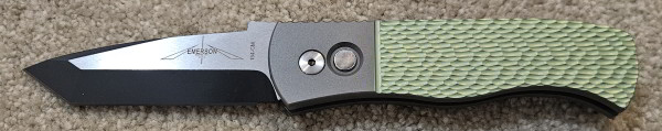 ProTech Knives 2024 Emerson Custom .002 Titanium textured green/blasted bolsters frame, 2-tone DLC Black & Satin Tanto Blade, Black pearl button